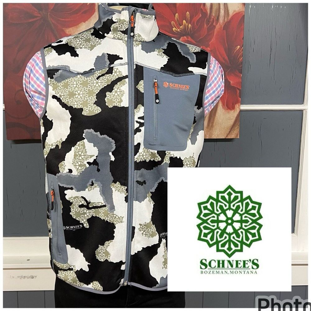 Schnee's Bozeman Montana Camo Softshell Vest Full Zip Fleece Lined Men Sz Medium